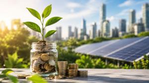 Plant growing from a jar of coins beside solar panels with a city skyline in the background.