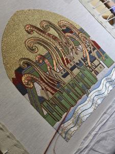 A work-in-progress section of the St Paul’s Cathedral panel for the Circle of Life, stitched using Opus Anglicanum, a rarely practised medieval English embroidery technique using silk, gold and silver thread. The panel depicts the Worshipful Comp