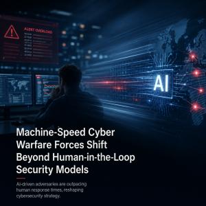 Illustration depicting a cybersecurity analyst monitoring multiple screens while AI-driven cyber activity moves across a digital global network at machine speed. The image represents how artificial intelligence is accelerating cyber warfare and challengin