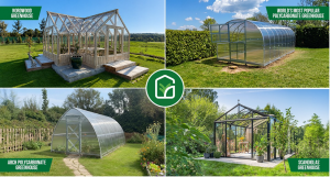Four YourGreenhouses models shown side by side: Nordwood wooden-frame greenhouse, World's Most Popular Polycarbonate greenhouse, Arch Polycarbonate greenhouse, and Scandiglas glass greenhouse, all installed in residential gardens.