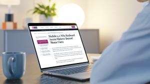 A person in a light blue shirt sits at a desk viewing a laptop screen displaying the MediaScribe Academy course page for Module 4.1: Why Keyboard Access Matters: Beyond Mouse Users. A coffee mug and soft home office lighting are visible in the background.