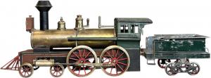 Large Schoenner (Germany) American 4-4-0, 80mm toy locomotive made for the American market, 17 inches long, larger than gauge 4, a scarce live steam train with rare reverse feature. Estimate: $10,000-$16,000