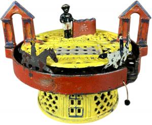 Vibrant and handsome J & E Stevens cast-iron mechanical Horse Race bank, straight-base version, 6in long, in excellent to pristine condition. Estimate: $6,000-$10,000