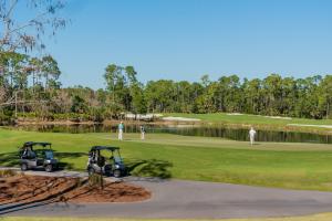 Golfers playing on a Tom Fazio-designed course at The Club at Mediterra, surrounded by natural preserves, lakes and landscaped fairways.