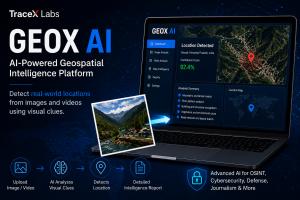 GEOX AI by TraceX Labs showing AI-powered geospatial intelligence, image location detection, satellite mapping, and visual intelligence analysis technology.
