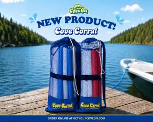 Get Your Cove On Cove Corral floating barrier for boats displayed on a dock beside a lake with two packaged Cove Corral products designed for keeping floats and people together on the water.