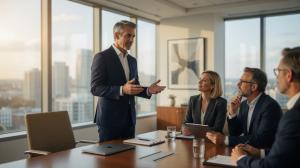 Corporate boardroom presentation displaying the High-Integrity Sales Training and revenue strategy by Tom Monson Productions.