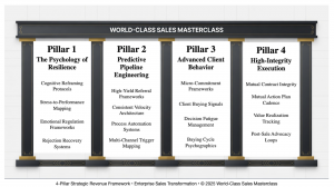 High-Integrity Sales Training 4-Pillar Revenue Architecture diagram by Tom Monson Productions for the World-Class Sales Masterclass.
