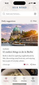 Silk Road app screen with list of curated daily travel suggestions