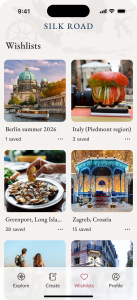 Silk Road app screen with a half dozen thumbnails of beautiful vacation destinations.