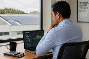 Commercial facility owner sitting at a desk and reviewing electricity and energy data on a tablet for business energy planning and solar system evaluation.