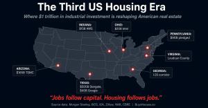 US map showing seven states leading the third US housing era of industrial investment: Texas, Arizona, Virginia, Pennsylvania, Ohio, Indiana, and Georgia, with major commitments from TSMC, Stargate, Google, Intel, AWS, and Amazon totaling over $800 billio
