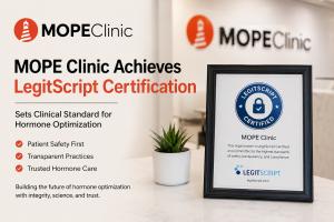 MOPE Clinic LegitScript Certification announcement graphic for hormone optimization clinic in Metairie Louisiana