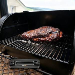 MeatStick V Forge monitoring meat and pit temperature during a low-and-slow BBQ cook.