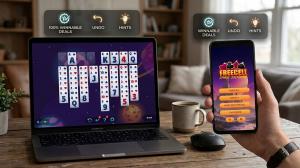 Laptop and smartphone displaying Freecell.game FreeCell Solitaire interface with winnable deals, undo, and hints features highlighted for browser-based gameplay.