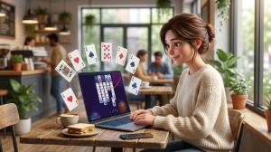 Person playing Freecell.game FreeCell Solitaire on a laptop in a coffee shop with animated playing cards floating around the screen, showcasing casual browser gaming.