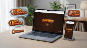 Laptop and smartphone displaying Checkers.best online checkers game with no download, no sign-up, and fast load features highlighted around the screens.