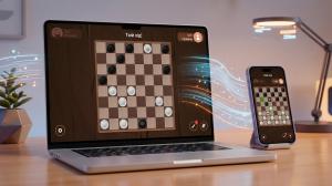 Laptop and smartphone showing Checkers.best online checkers gameplay with synchronized cross-device experience and smooth browser-based performance.