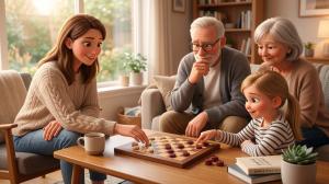 A family enjoys a classic checkers match together, highlighting the timeless appeal of strategy board games across generations.
