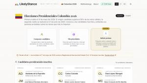 Captura de pantalla de la plataforma LikelyStance.com mostrando análisis de posturas políticas, comparación de candidatos y herramientas de inferencia para las elecciones presidenciales de Colombia 2026.