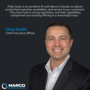 A photo of Chad Smith, CEO of Marco Rubber & Plastics, speaking about Marco’s acquisition of Pride Seals and the company’s continued growth in engineered sealing solutions.