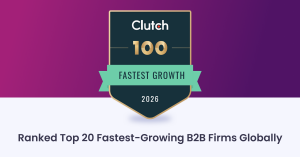 Announcement graphic featuring INSIDEA logo and the Clutch 100 2026 Fastest Growth badge, recognizing INSIDEA as one of the top 20 fastest-growing B2B firms globally for the second consecutive year.
