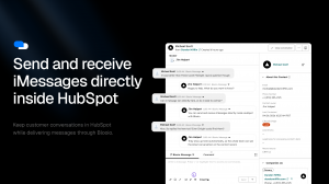Blooio iMessage HubSpot integration showing a customer conversation between a HubSpot rep and a contact inside the HubSpot inbox, with the Blooio iMessage thread on the left and the HubSpot contact record on the right.