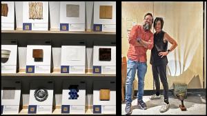Richard Ortiz and JD Beltran with the hempcrete block sustainable mobile display wall they designed
