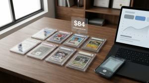 Graded trading cards on a dealer's desk beside a laptop dashboard and a smartphone scanning a card with AI identification.