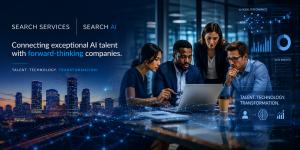 Professional banner image showing a diverse team of business and technology professionals collaborating around a laptop in a modern office, with digital AI analytics and data visualizations overlaid beside a Houston skyline at dusk. The image represents A