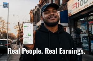 Smiling young man standing on a Brooklyn street holding up a phone showing the Secret World earnings analytics screen with $654 in weekly earnings, with the text "Real People. Real Earnings." overlaid.
