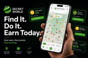 Secret World app marketing graphic on dark background showing a phone with the map interface displaying task and pop-up pins, with floating notification cards showing nearby tasks and earnings, and the headline "Find It. Do It. Earn Today."