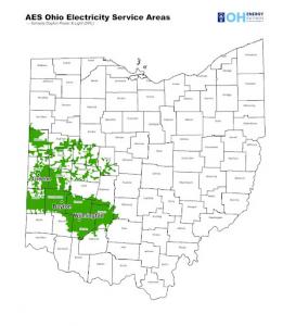 AES Ohio (formerly Dayton Power & Light) electricity service area map covering southwestern Ohio, including Dayton, Greene, and Wilmington, with service extending across surrounding rural and suburban communities in the region