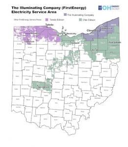 The Illuminating Company (FirstEnergy) electricity service area map covering northern Ohio, including Cleveland, Youngstown, and Akron, alongside Toledo Edison near Toledo and Ohio Edison near Springfield