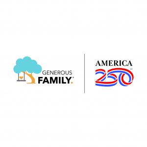 Generous Family and America250 partnership graphic featuring both logos against a patriotic nighttime sky with stars, fireworks, and the Washington, D.C. skyline, celebrating America’s 250th anniversary and inspiring gratitude, patriotism, and generosity