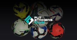 Six 2026 Futstrikers match balls in multiple colorways — including Tekno24 and the red Sonic24 Thermal Emperor — arranged around the Futstrikers Club logo on a black background.