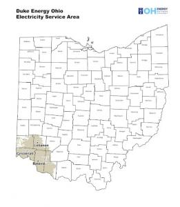 Duke Energy Ohio service area map showing highlighted counties in southwestern Ohio, including Cincinnati, Lebanon, and Batavia, where residential customers on the Standard Service Offer will see updated electricity rates on June 1, 2026.