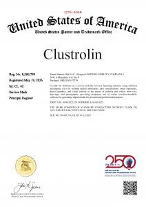United States Patent and Trademark Office certificate registering CLUSTROLIN as a federal trademark of Smart Banner Hub LLC, registration number 8,260,799, registered May 19, 2026, Class 42, Principal Register.