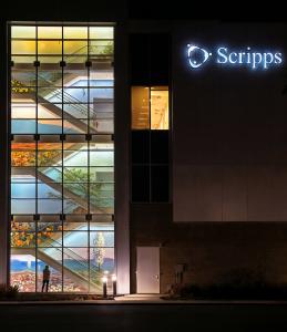 The illuminated exterior of Scripps Encinitas photographed at night. A tall, multi-story glass curtain wall reveals an interior staircase wrapped in a vibrant floor-to-ceiling mural depicting California landscapes, including desert wildflowers, coastal vi