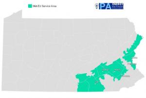 Met-Ed (FirstEnergy) electricity service area map covering eastern Pennsylvania, including Reading, Lebanon, York, Pottstown, Easton, and Bethlehem, with service extending across rural and suburban communities throughout the region