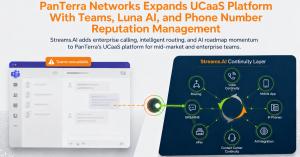 PanTerra article cover showing a Teams unavailable interface connecting through a green failover path to the Streams.AI continuity layer, highlighting voice, routing, SMS/MMS, eFax, mobile app, IP phones, AI integration, and contact center continuity.