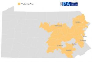 PPL Electric Utilities service area map covering central and eastern Pennsylvania, including Harrisburg, Scranton, Allentown, Reading, Williamsport, Easton, and Lancaster, with service extending across surrounding rural and suburban communities