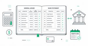 Open ledger with reconciled entries, calculator, bank icon, credit card, and month-end calendar representing ClearLane outsourced bookkeeping services