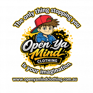 Open Ya Mind Clothing logo featuring a cartoon character with the slogan "The only thing stopping you is your imagination" and website www.openyamindclothing.com.au