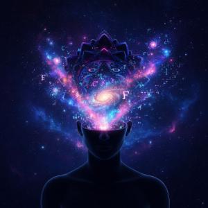 Open Ya Mind Clothing cosmic mind artwork featuring a glowing galaxy emerging from a human silhouette, surrounded by stars, colorful nebulae, mathematical symbols, and sacred geometric patterns representing imagination, creativity, and infinite potential.