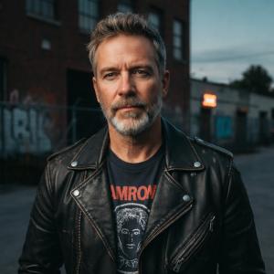 Silver-haired man in a black leather jacket and vintage Ramones T-shirt standing in an urban alley at dusk, embodying classic rock style with a rugged, confident expression.