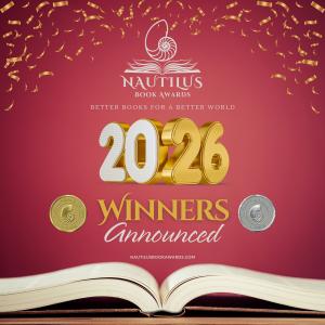 2026 Nautilus Book Awards winners announcement graphic with gold 2026 text, Nautilus logo, winner medals, and an open book on a red background