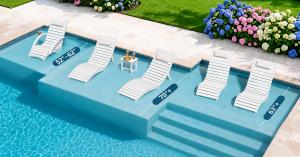 AquaCurve sun shelf depth planning guide showing 52 to 62 inch compact ledges and deeper ledge layouts for in-pool loungers.