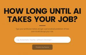 Screenshot of the How Long Until AI Takes Your Job tool on roneehulk.com, showing a job title field, a countdown of days remaining, a short explanation, and supporting and contrarian citations.