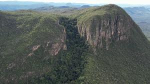 Rock formations covered in lush green forest.